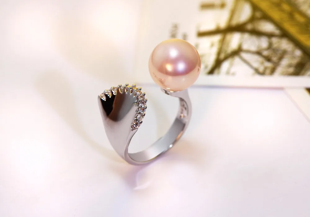 DC1989 Women Wedding Ring Mermaid Look 12 mm Synthetic Pearl 3 Colors CZ Paved Rhodium Color Femmes Anneaux Sizes 5 6 7 8 9 10