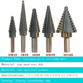 

5Pcs English Ladder Drill Bit Set High Dpeed Aluminum Boxed Stepped Drill Steel Triangular Shank Steel Step Drill Bit