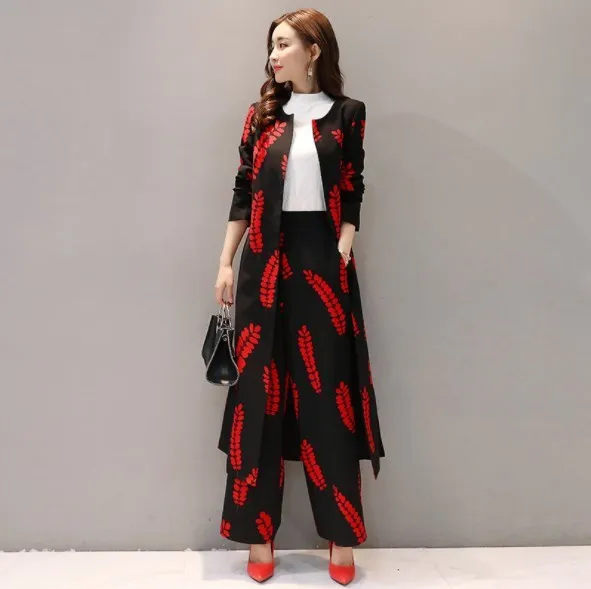 

2 Pieces Set Elegant Floral Print Formal Pant Suit Women Work Wear Uniform Style Business Casual Trench with Loose Wide Leg Pant