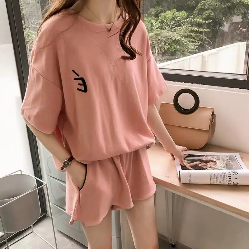 

Plus Size Tracksuit Women Two Piece Set Pink Outfits Top and Pants Matching Sets Grey Biker Shorts and T-shirt Short Sets