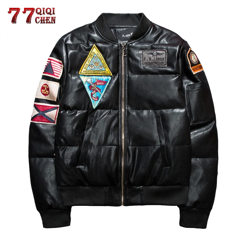 

QIQICHEN Spring Autumn Embroidery Leather Jackets Men Stand Collar Hip Hop Military PU High Street Baseball Jacket Streetwear