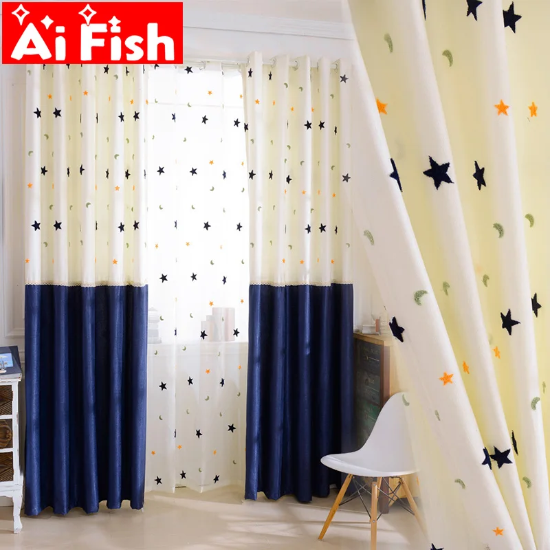 

Europe Luxury Embroidered Star and Moon Design splice Blackout Curtains For Living Room Window Sheer Curtain Fabric MY043-40