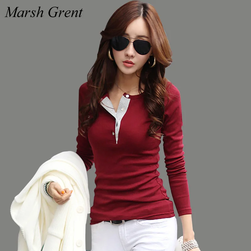 

Spring Autumn Fashion Women T shirts Cotton Button Design O Neck Long Sleeve T-shirt Slim Basic Shirt Tees Blusas Femininas.