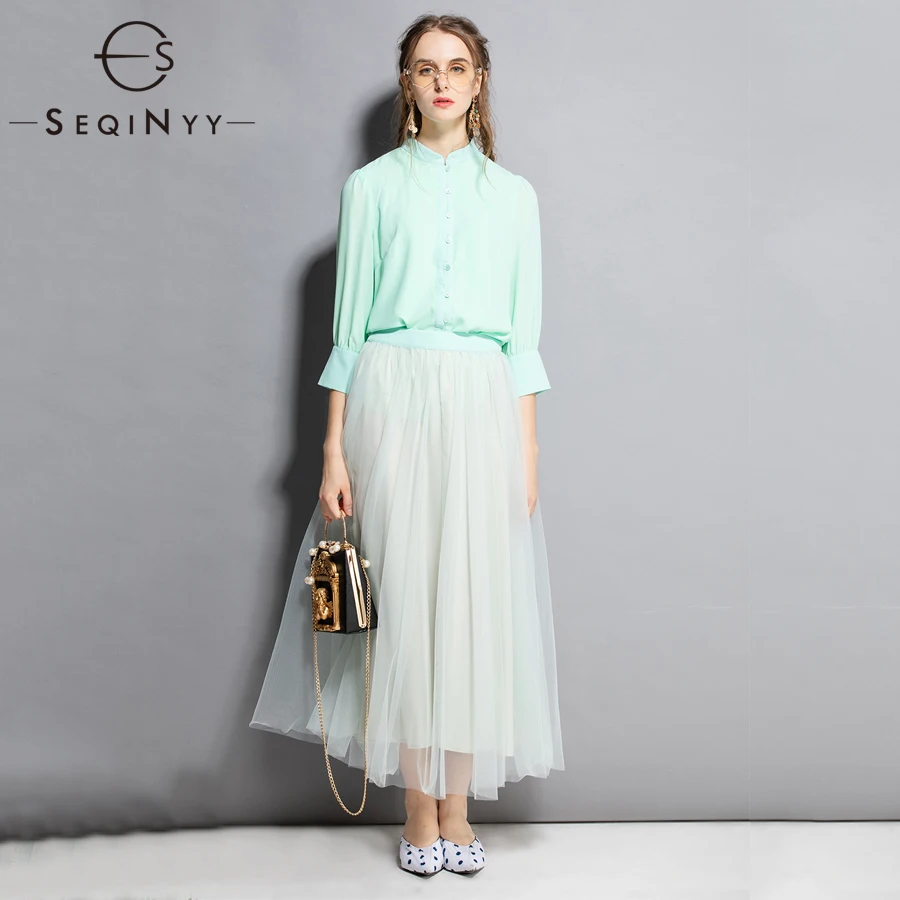 

SEQINYY High Quality Set 2018 Early Autum New Fashion Lantern Sleeve Shirt + Elegant Long Mesh Overskirt Light Color Sweet Suit