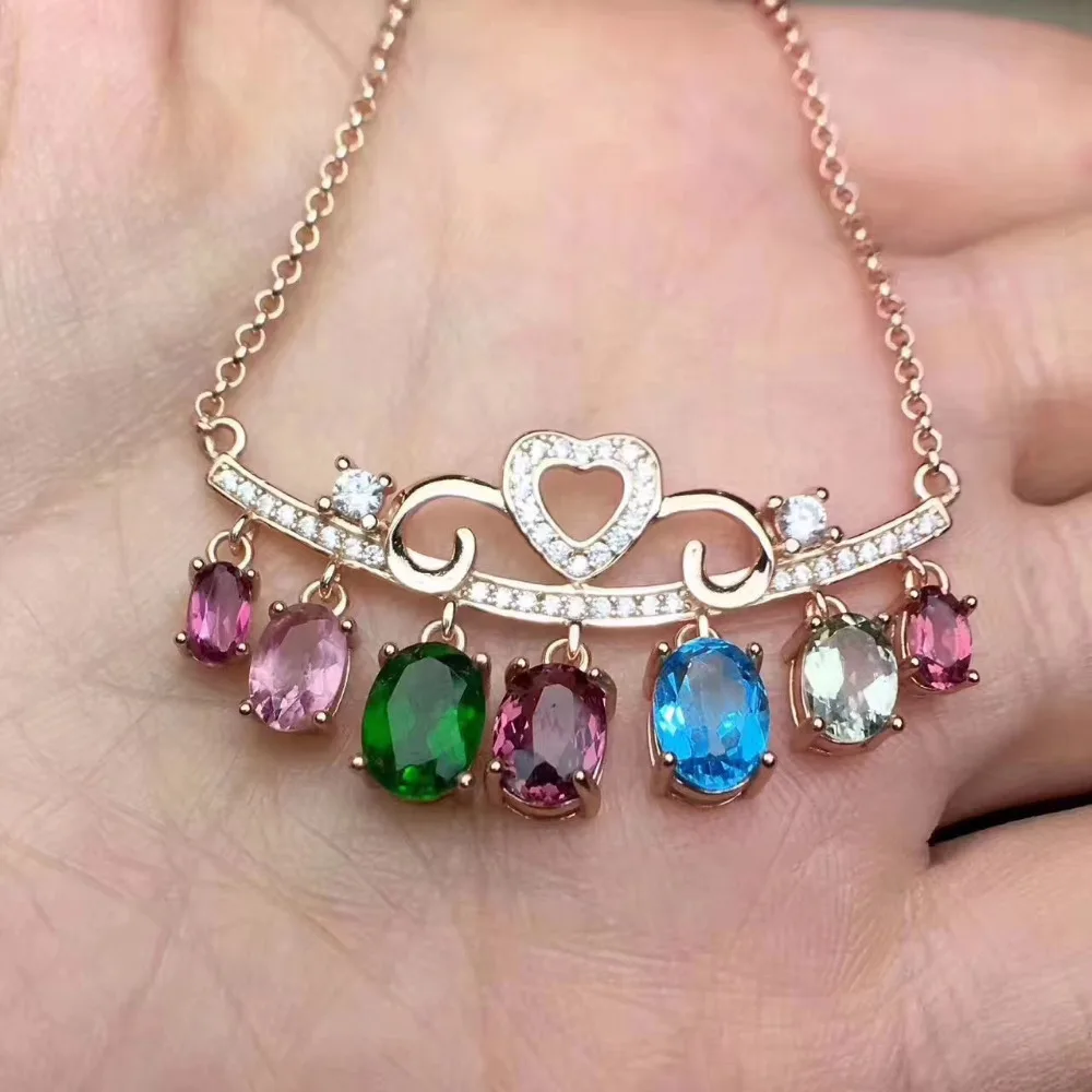 Collier pendentif tourmaline multicolore naturel S925 argent collier pierres précieuses naturelles