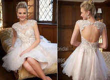 Neue Ankunft A-Line Vestidos De Festa Weiß Tulle Applique Pailletten Cocktailkleider Kappen-hülsen Mi-Ni Party Kleider CX038