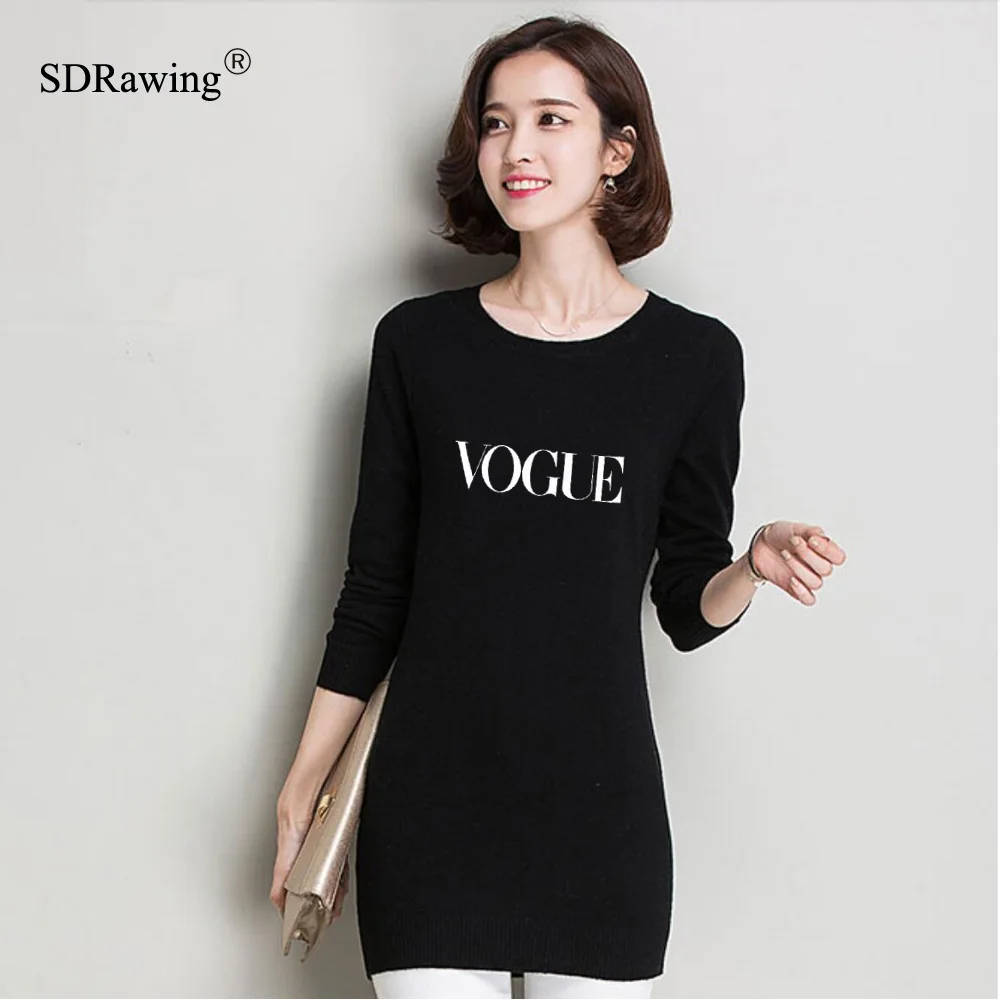 Vogue print Sweater Pullover Basic Rib Knitted Cotton Tops Solid Crew ...