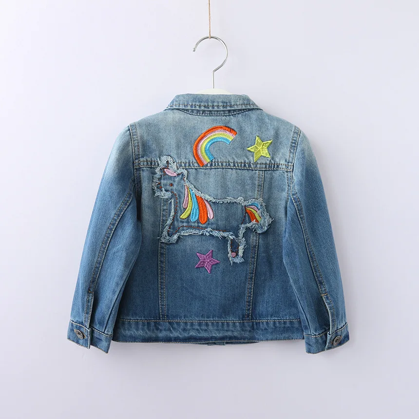 Girl Denim Jacket Cartoon Horse Rainbow Embroidery Ripped Kids Jean Coats Children Jacket Single