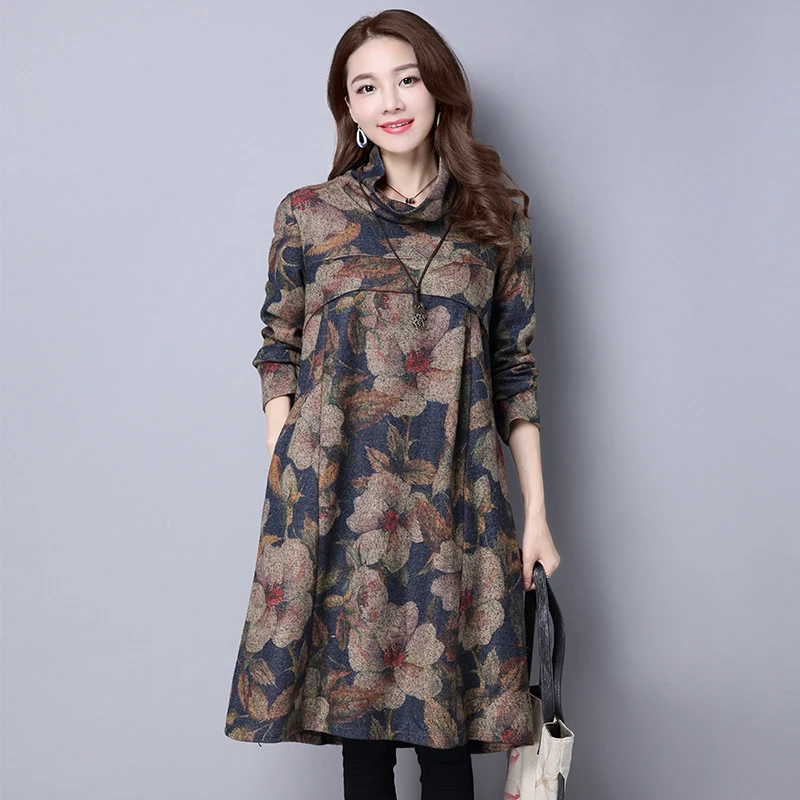 

VIHKLC 2017 Spring Autumn dree new Korean fashion loose large size retro high-necked printing thickening women's dress FC53