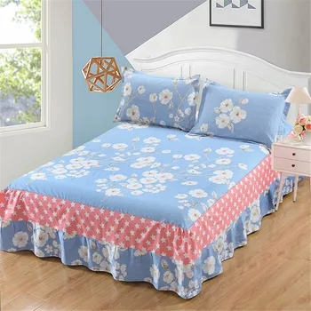 

New fashion Princess style Bed skirt 100% cotton pillowcase Printed Light white green Flower textiles twin full queen King size