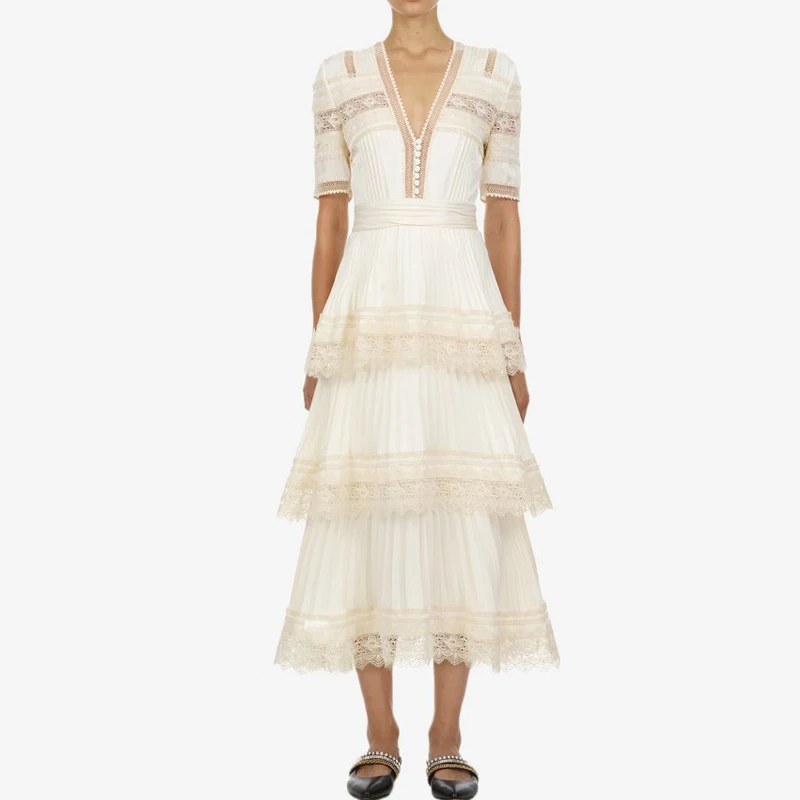 

2019 Summer Long Dress Runway High Waist Women Tiered Pleated Dresses