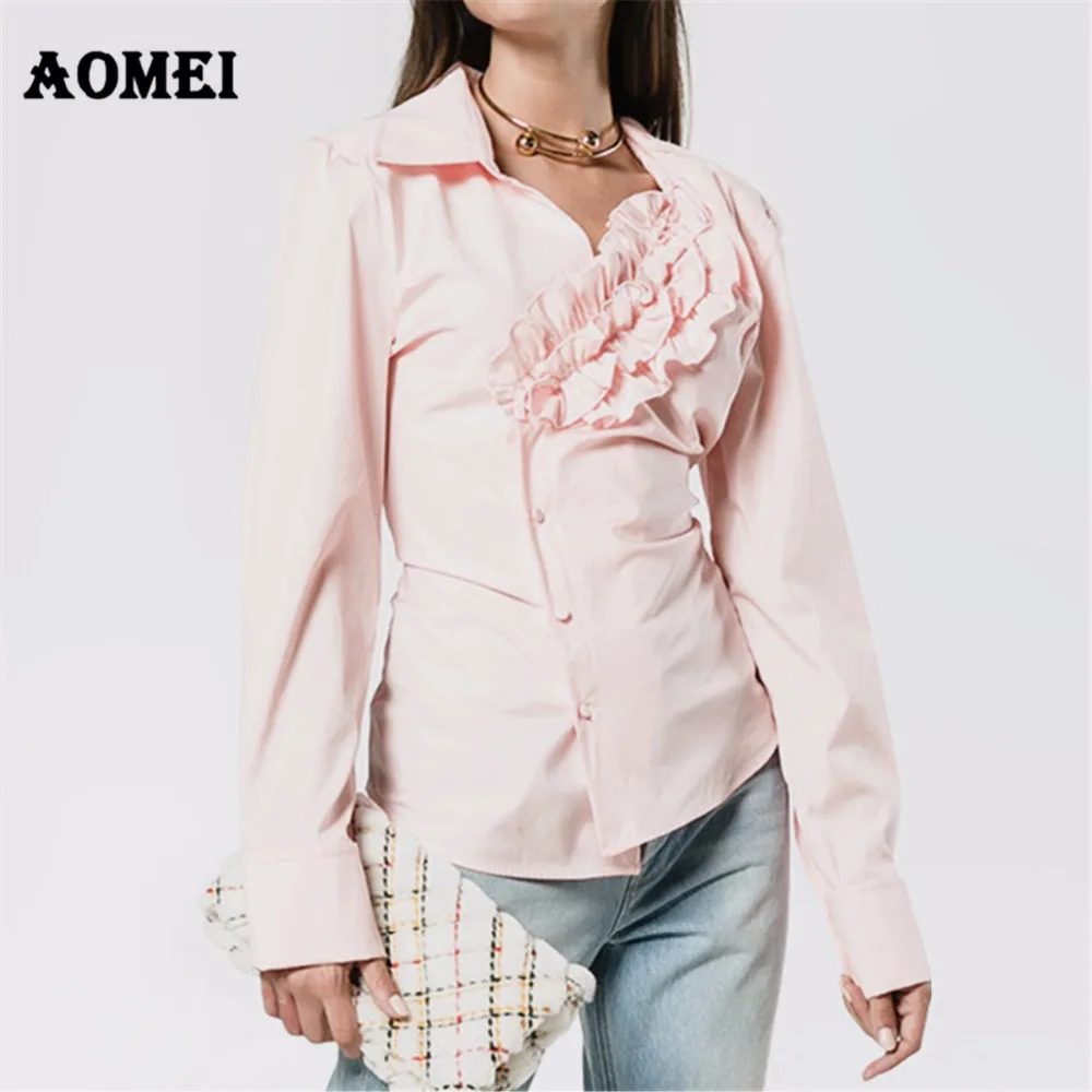 Blusa de manga larga con botones para camisa de cuello Irregular, ropa de trabajo bonita, color rosa, oficina y otoño|blusas fashion|women topspeplum top - AliExpress
