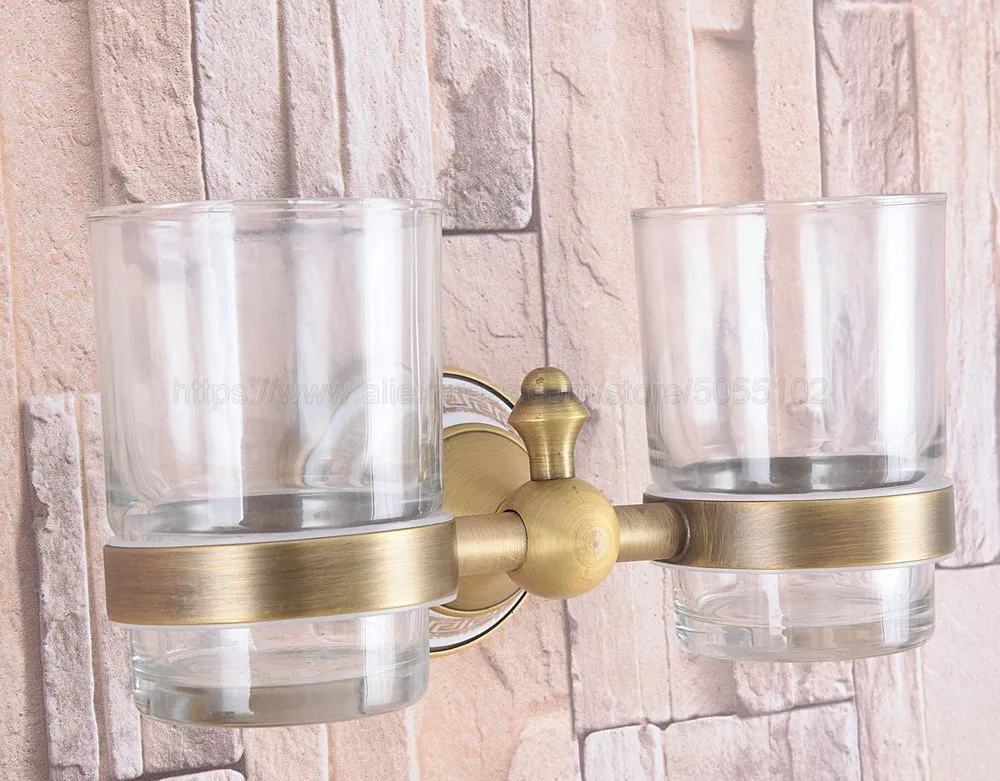 Antique Brass Cup & Tumbler Holders Toothbrush Holder With 2 Glass Cups Wall Mounted Ceramic Bathroom Accessories zba583