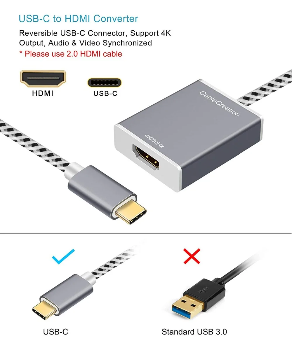 Адаптер USB C HDMI 4K @ 60 Гц Type (совместимый с Thunderbolt 3) к HDM MacBook Pro iPad Air Yoga 910/720 Samsung