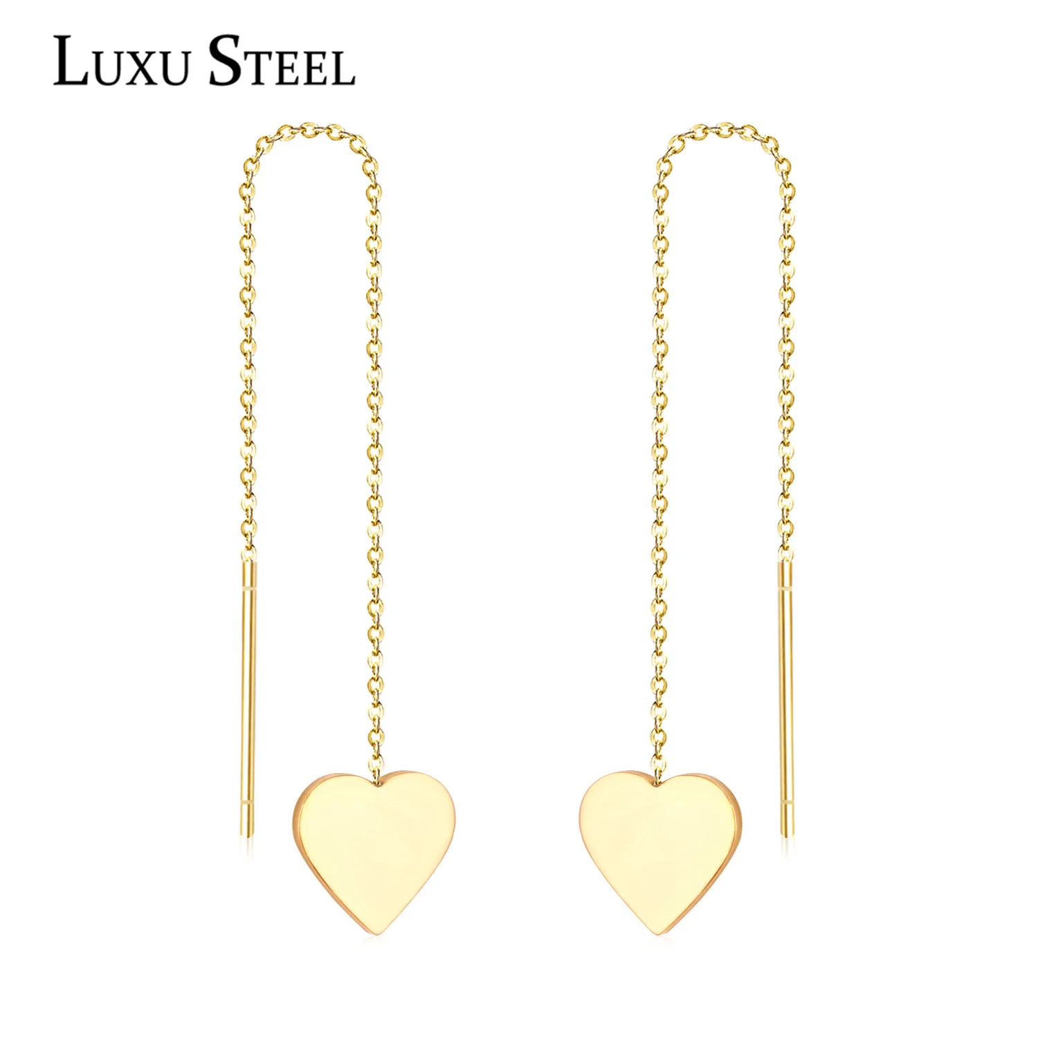 

LUXUSTEEL Heart Tassel Chains Drop Earrings Stainless Steel Gold/Silver Minimalist Geometry Long Earring Collier Bijoux