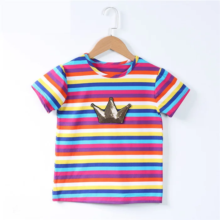  Scsech Children's Summer Rainbow Striped T-Shirt Crown Short Sleeve Cotton Round Neck Baby Boys& Girls Clothes Kids SHR19 (2)