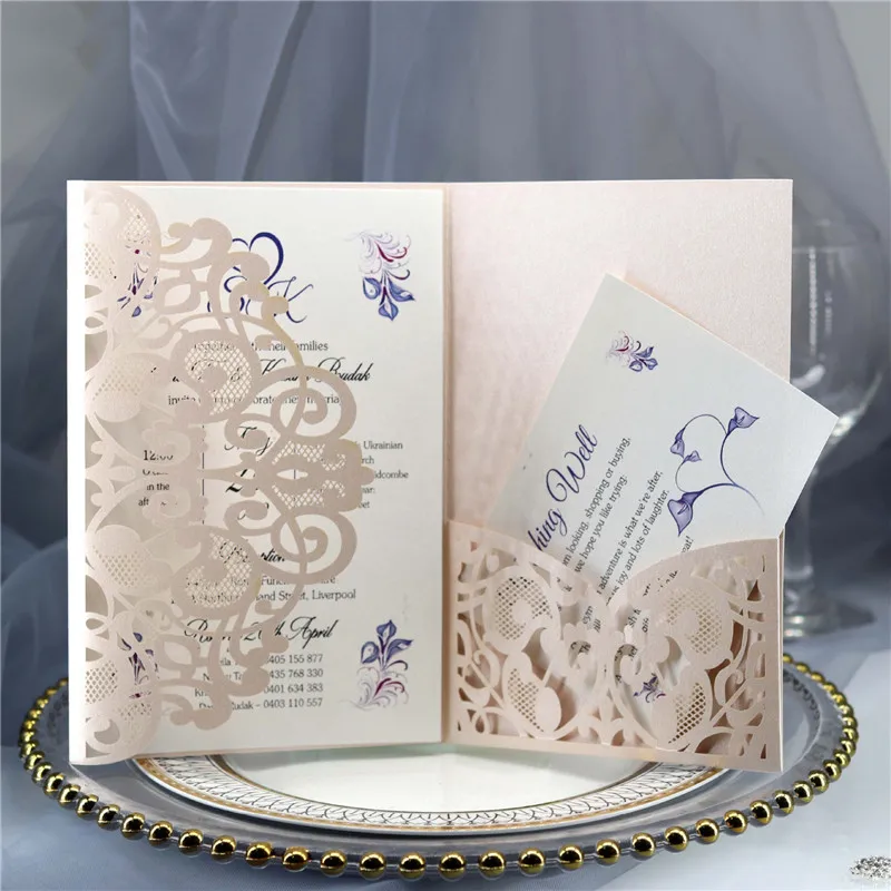 100pcs Elegant Blue White Luxury Gold Laser Cut Lace Wedding Invitation Card Covers Greeting Card Cover Party Decor Supplies - Цвет: E