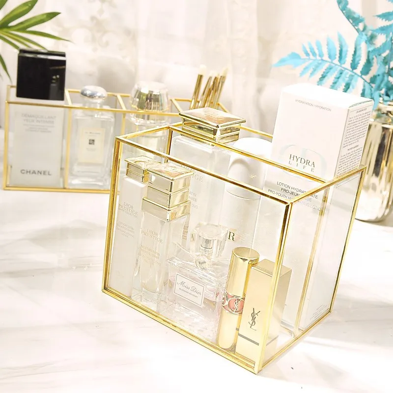 

Classic European Glass Makeup Organizer with Golden Covered Edge Bathroom Makeup Organizer Make up Products Cosmetic Organizer