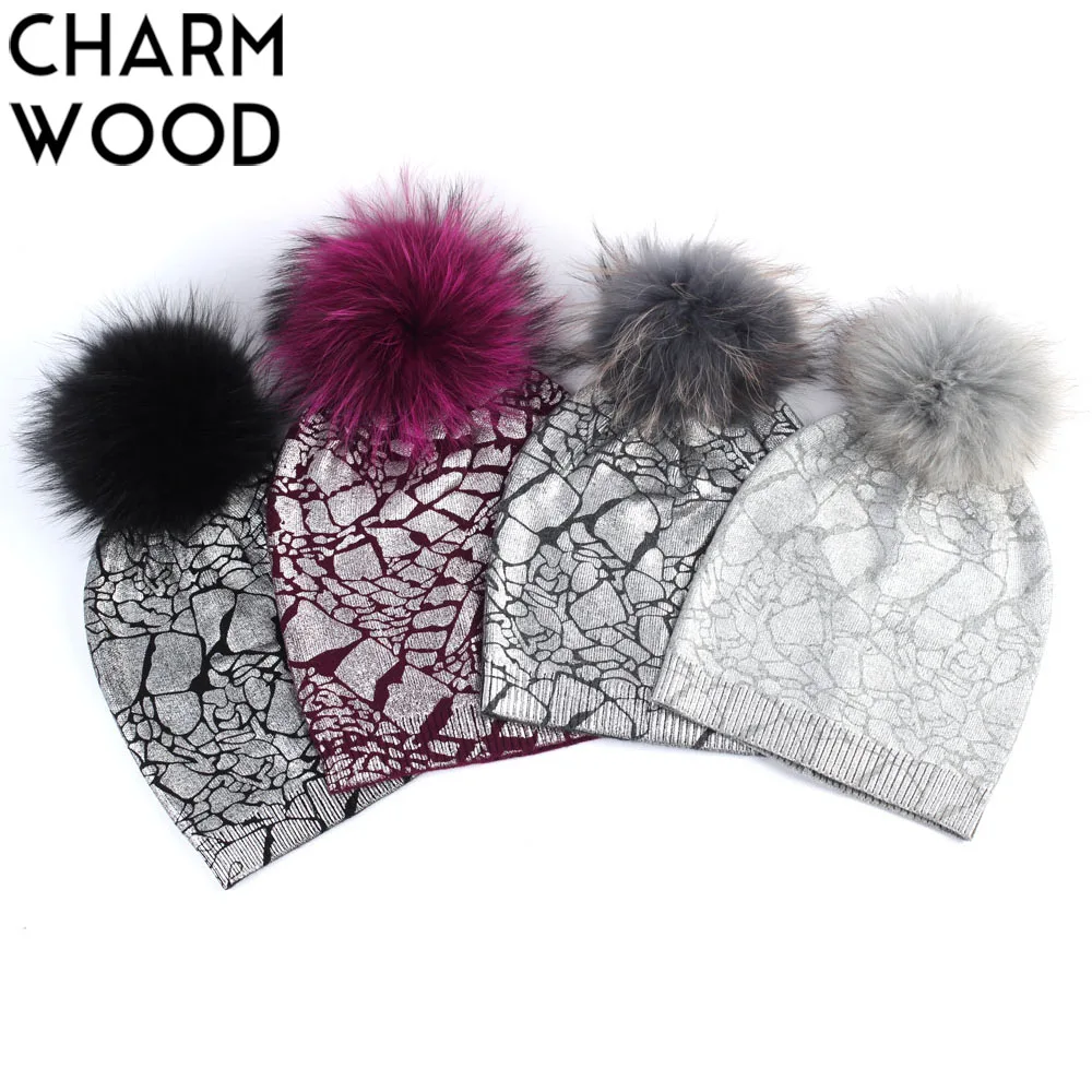 

Women's Metallic Color Beanie Hat with Pompom Winter Single layer Knit Cashmere Hats Slouchy Beanies for Femme Skullies&Beanies