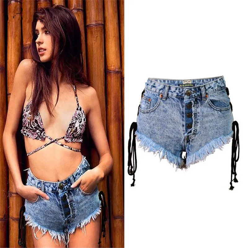 Denim Sexy Summer High Quality Women Casual High Waisted Bandage Tassel Short Sexy Ripped Shorts 