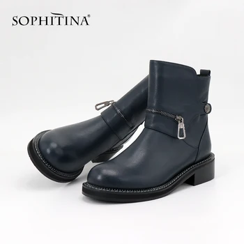 

SOPHITINA Cow Leather Women Boots Round Toe Square Heel Zipper Ankle Boots Metal Decoration Wear-resistant Skidproof Boots ML25