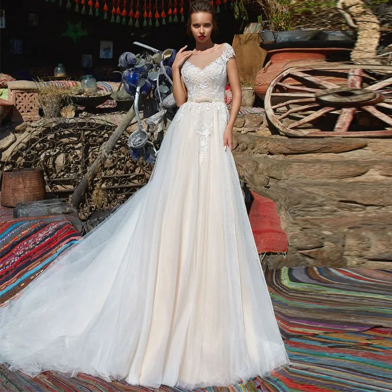 Горячая Распродажа, Gelinlik Vestido De Noiva A Line кружевное свадебное платье белого цвета слоновой кости свадебное платье Robe De Mariage Casamento