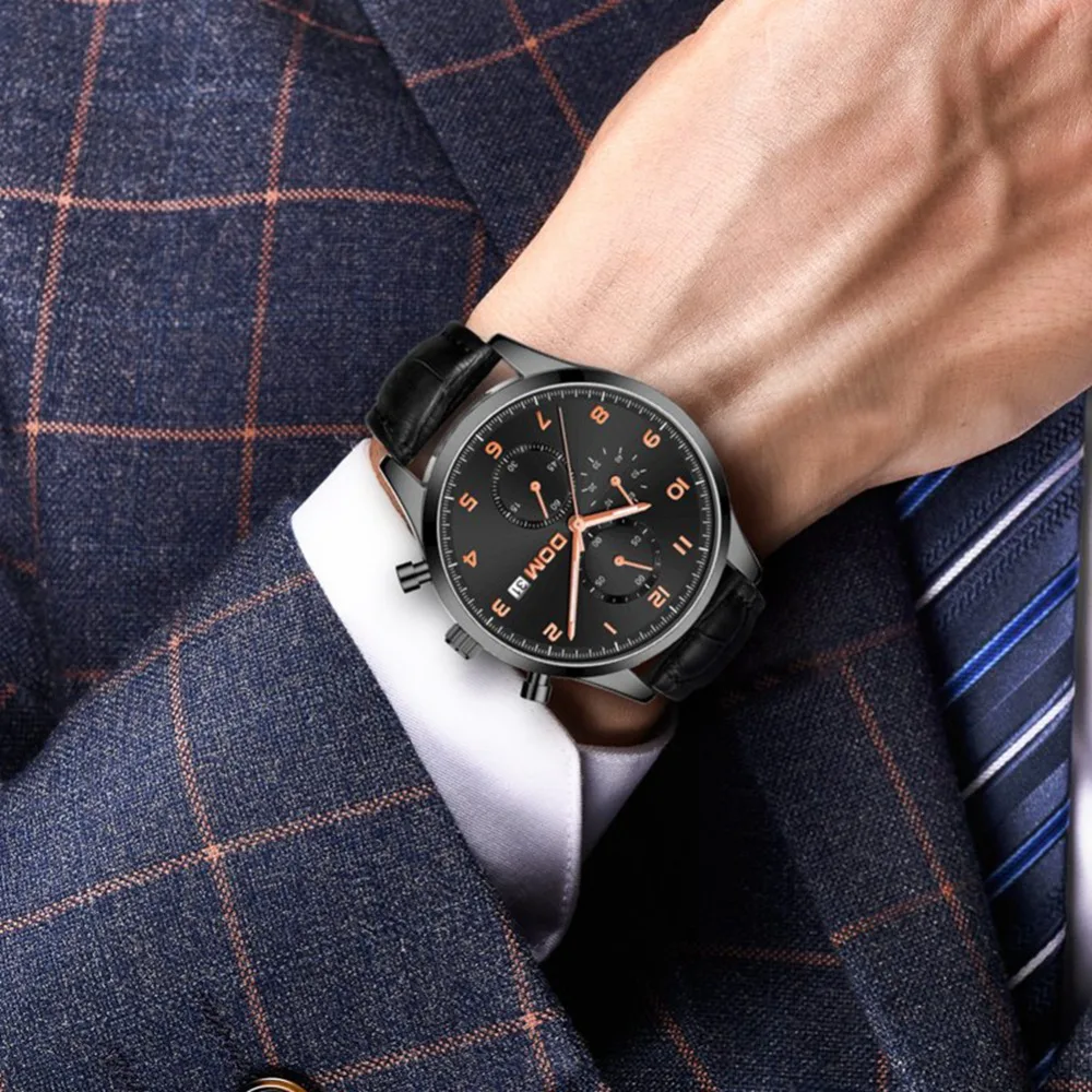 

DOM Men's Multi-Pointer Waterproof Sports Watch Countdown Calendar Display Luminous Pointer Quartz Watch Leather Strap 2019 New