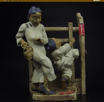 

11''chinese ceramic pottery Painting handcraft carved a women and boys statue