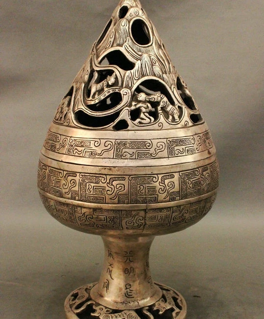

14" Ancient Chinese Silver Tiger Beast Carved HanZi Incense Burner Censer Statue