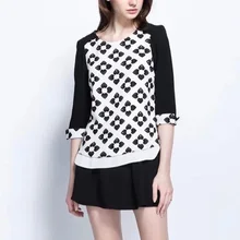 Spring Women Short Blouse Printing Stitching Shirt Casual Slim Hit Color Shirt Stylish Office OL Blouse 5/8 Sleeve Tops EN008