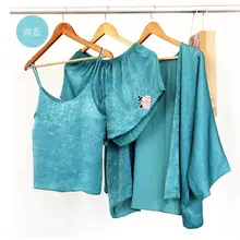 Новые стили шелка, листьев лотоса, пижамы, летние сексуальные подтяжки, жилеты, шорты, домашняя одежда, пижамы три комплекта