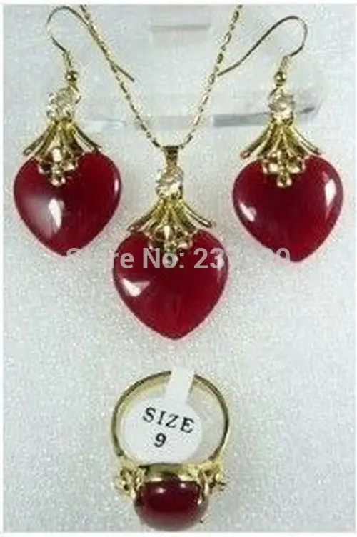 

FREE SHIPPING>>@> Wholesale ^^^Nice Red jade Necklace Earrings Ring Set Natural jewelry