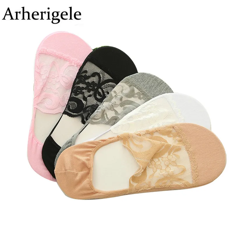 

Arherigele 1pair Women's Short Socks Invisible Socks with Print Lace Boat Sock Transparent Anti-slip Soft Slippers Cotton Sock