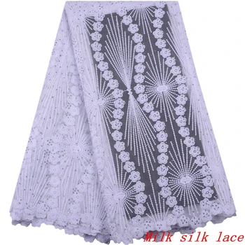 

5Yards Hot Sale White Milk Silk Lace With Nice Flower French Net Lace Embroidery African Mesh Lace Fabric For Dress F1479