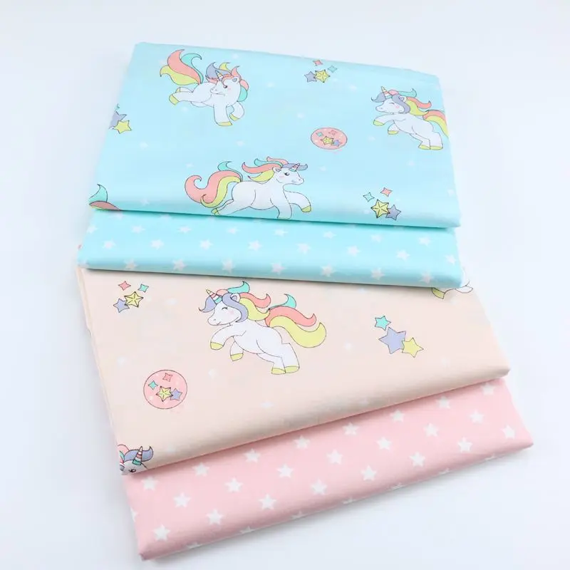 Pink Aqua Cartoon Little Unicorn Rainbow Star 100 Cotton Twill