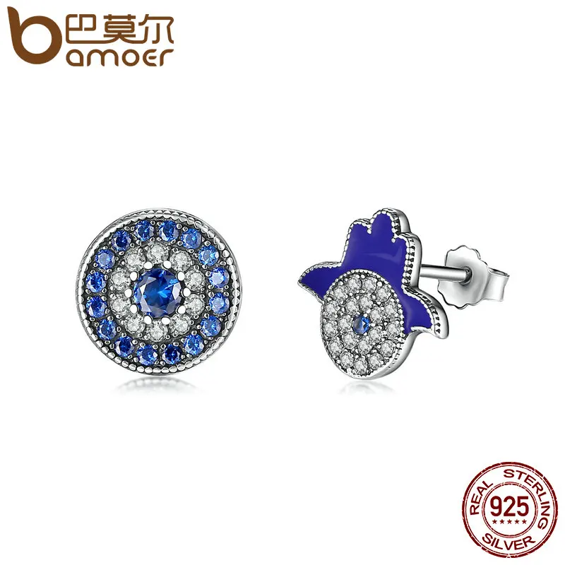 BAMOER Authentic 925 Sterling Silver Blue Eyes Crystals God's Hand Eves Stud Earrings , Clear CZ Sterling Silver Jewelry SCE042 цена BAMOER Authentic 925 Sterling Silver Blue Eyes Crystals God's Hand Eves Stud Earrings , Clear CZ Sterling Silver Jewelry SCE042 цены онлайн