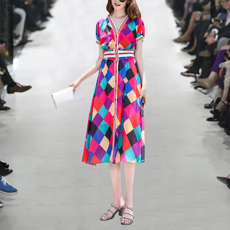 

HIGH QUALITY Newest 2019 Summer Runway Dress Women's Short Sleeve Colorful Plaid Buttons Dress
