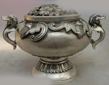 

DS China Palace Tibet Silver Fu Bat chiropter Dragon Incense Burner Censer Statue