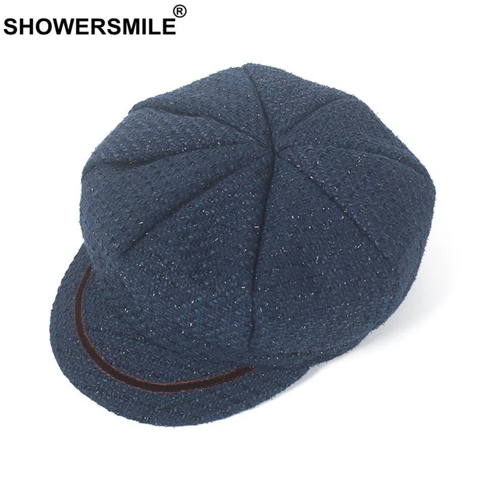 

SHOWERSMILE Knitted Newsboy Hat Women Navy Blue Octagonal Cap Female British Duckbill Baker Tweed Ladies Gatsby Cap Newsboy Hat