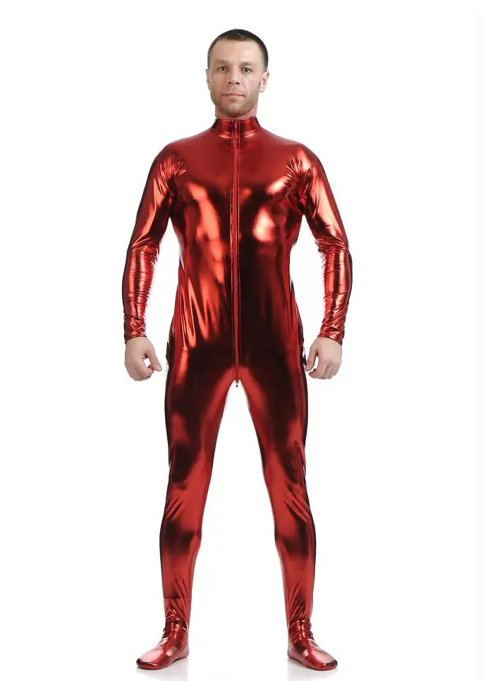 Cosplay&ware Ensnovo Men Latex Suit Black Shiny Metallic Tights Gold Zentai Full Body Unitard Custom Skin Bodysuit Zipper Front -Zentai shop online