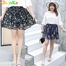 ChenKe Flower Printed Pleated Skirts Plus Size 4XL Womens Summer New Chiffon Fashion High Waist Short Skirt A line Midi Skirt