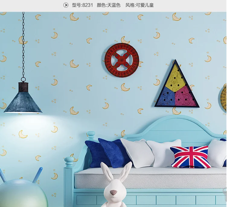 Children's room wallpapers for kids boy girl blue starry sky moon cartoon non-woven wall paper bedroom warm color household deco