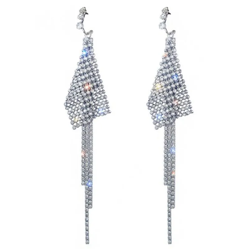 FYUAN длинные кисточки кристаллы Висячие серьги для женщин Bijoux Блестящий серебряный цвет блесток Стразы висячие серьги массивные ювелирные изделия
