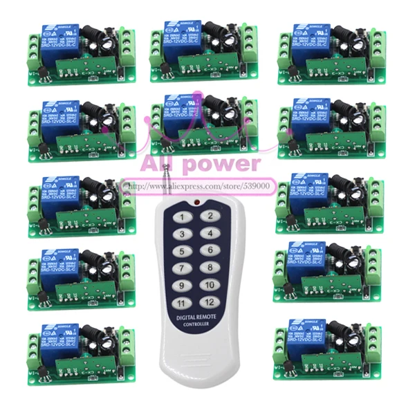 

Hot Sale DC 12V 1CH RF Wireless Remote Control Switch System 1pcs remote control with 12pcs receiver 315/433mhz