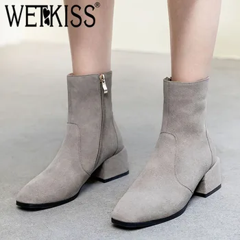 

WETKISS Cow Suede Ankle Boots Women High Heels Thick Booties Zip Shoes Female Fashion Office Shoes Ladies Winter 2019 New