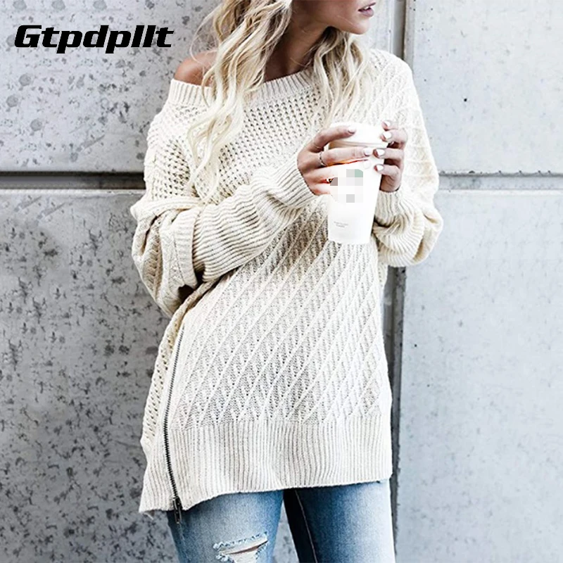 

Gtpdpllt Knitted Sweater Women Autumn Long Sleeve Off Shoulder Loose Women Top Jumper Streetwear Sweaters and Pullovers Zipper