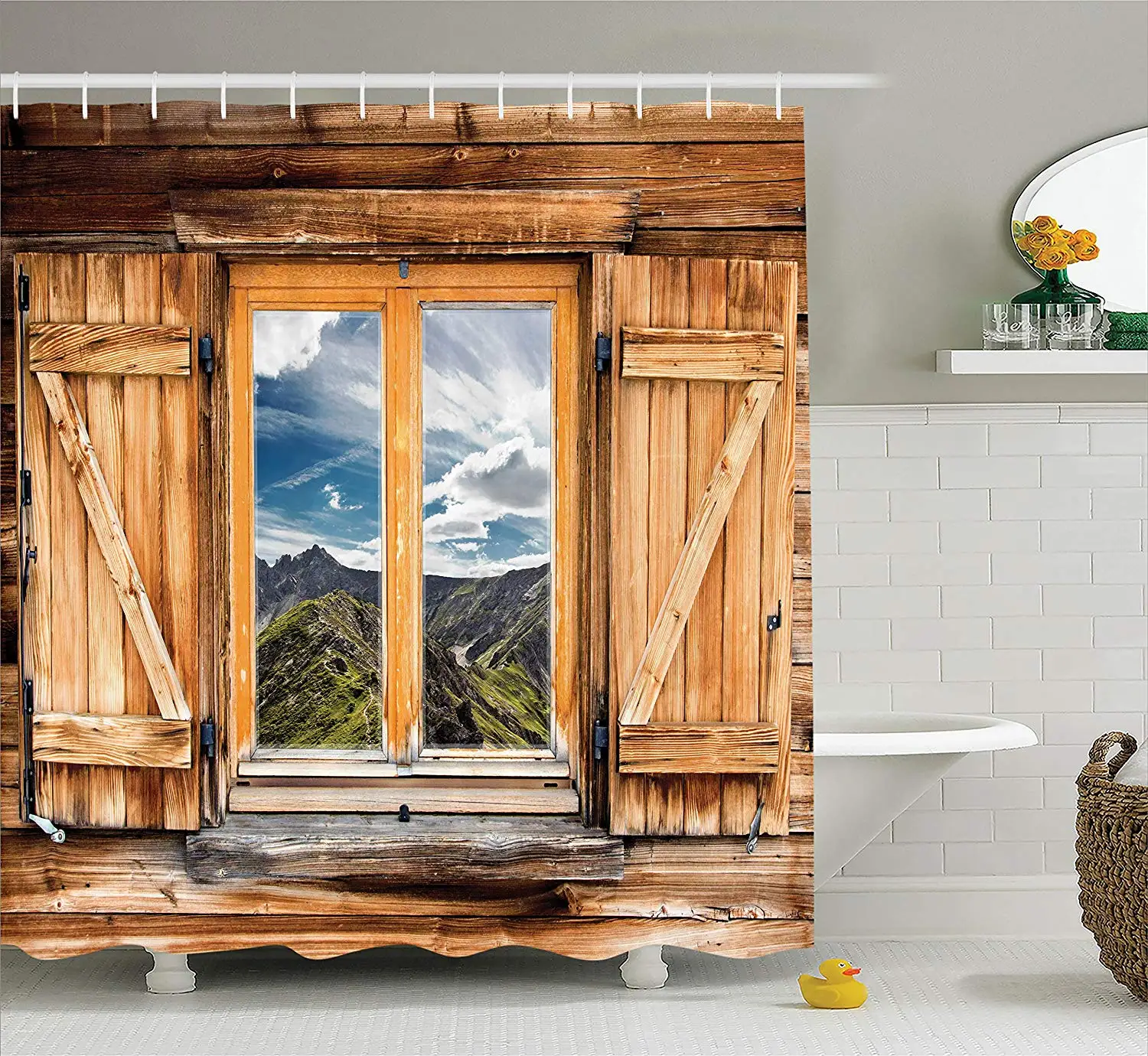 

Mountain and Sky View from a Wooden Shuttered Window Room on Top of the Hills Nature Look Polyester Fabric Bath Shower Curtain