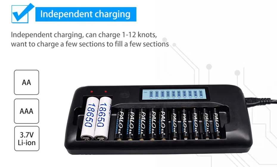 Пало Smart ЖК-дисплей 12 слотов Зарядное устройство для зарядное устройство для никель-кадмиевых или никель-металл-AAA, SC Ni-Cd Перезаряжаемые Батарея 3,7 V ионно-литиевая Батарея 18650 18490 17670 17500 16340