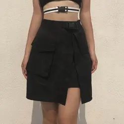 NORMOV пикантные модные Непостоянные соединения юбки для женщин с пряжкой на ремешке женская уличная черный высокая талия Harajuku юбка