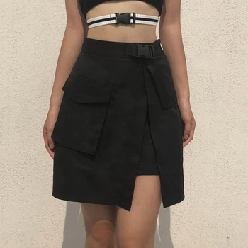 

NORMOV Sexy Fashion irregular splice Skirts With Buckle Belt Womens Streetwear Black High Waist Harajuku Skirt